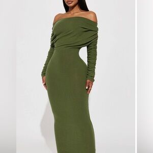 Elegant Olive Green Long Sleeve Dress
